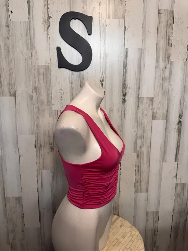 Live In The Moment Hot Pink Ruched V Neck Crop Tank Top Womens Small Sleeveless - Image 6