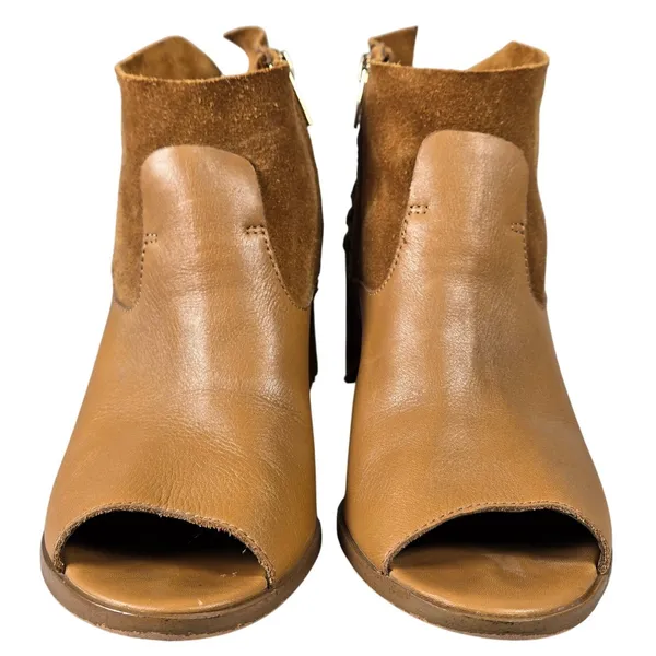 Marc Fisher Tan Leather Suede Fringe Peep Toe Ankle Boots Brown‎ Wood Heel 9 - Image 5