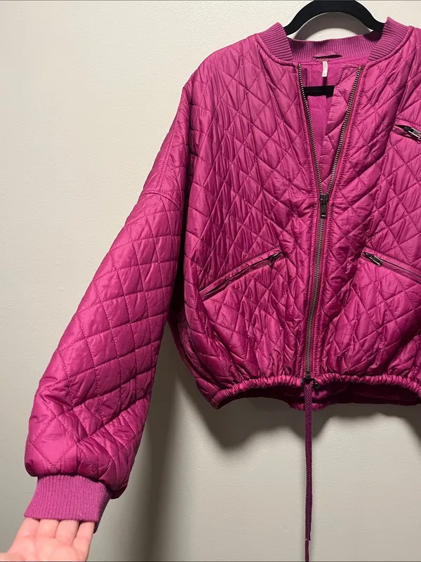 FREE PEOPLE Easy Quilted Bomber Jacket Pink Fuchsia Cropped Zip, Size M - Image 6