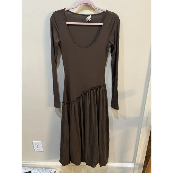 Saemdi Jeanette Drop-Waist Midi Dress Brown Size XS Bubble Hem Tencel - Image 4