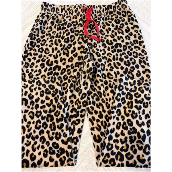 Nordstrom Leopard Print Fuzzy Lounge Pants Red Drawstring Soft Pajama Size M - Image 2