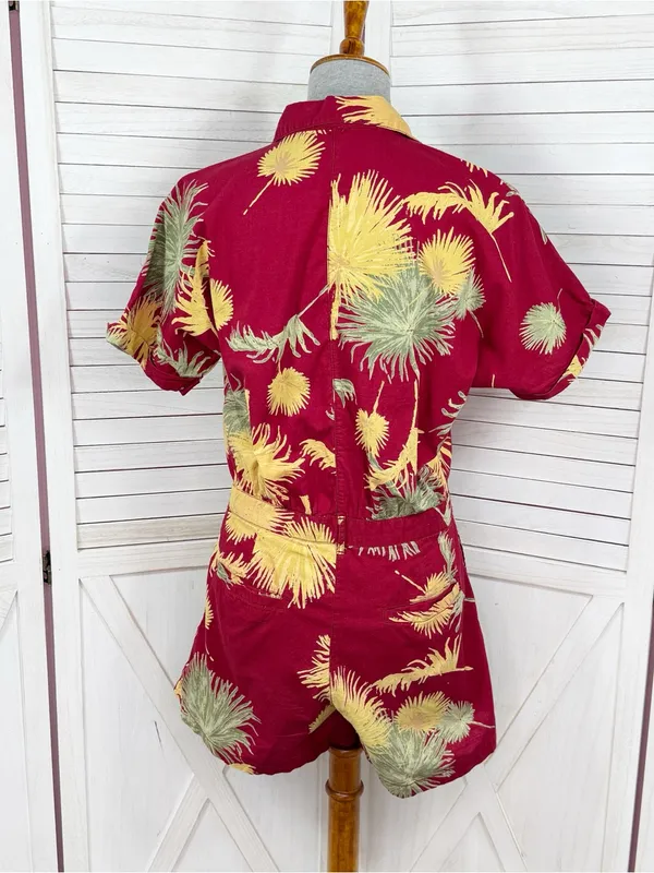 Free People Malibu‎ Tropical Palm Leaf Romper Maroon Red Yellow Small Campy - Image 5