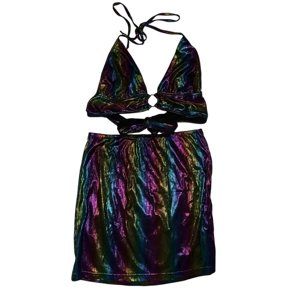 Holographic halter top mini skirt rainbow colored shiny Womens Xs rave set dress - Image 3