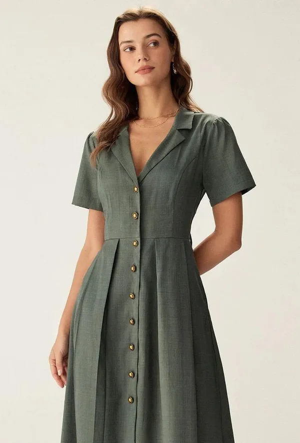 RIHOAS Green V Neck Pleated Button Midi Dress - Image 3