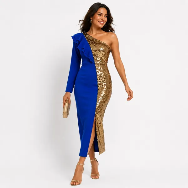 Womens One Shoulder Sequin Midi Dress Size XS Blue Gold Wedding Party Evening - Image 2