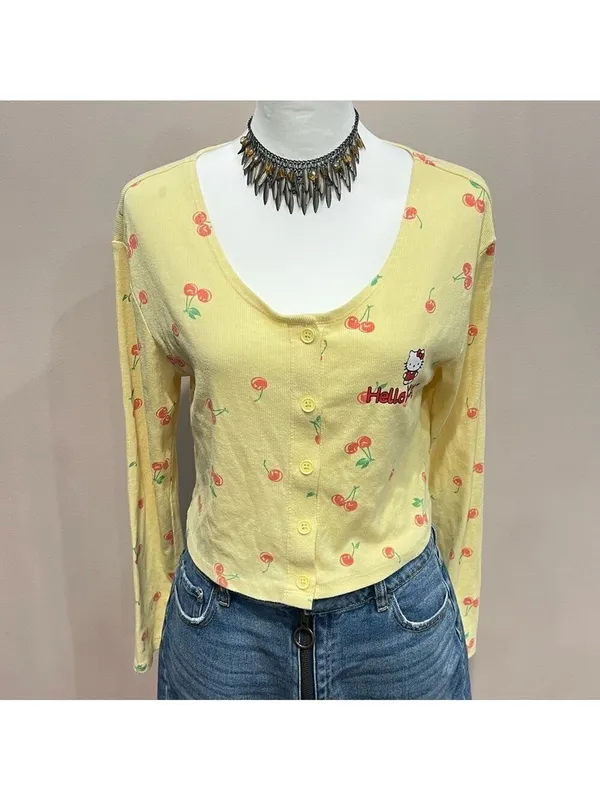 Hello Kitty Cardigan Sz M Yellow Ribbed Baby Doll Cropped Long Sleeve Button up - Image 2