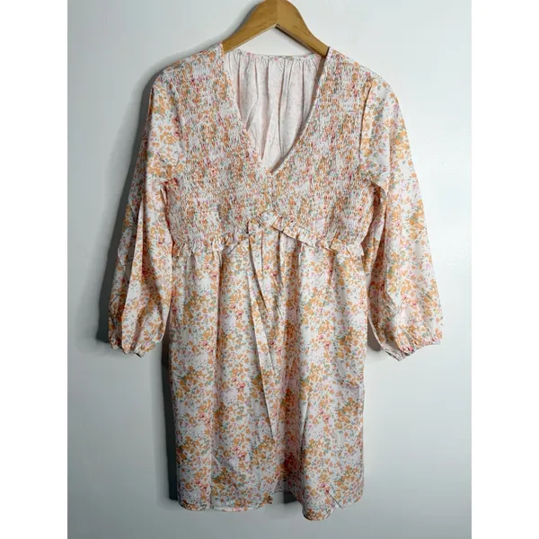 NEW‎ Floral Smocked Babydoll Dress V-Neck Cottagecore Boho Mini Medium Whimsical - Image 2