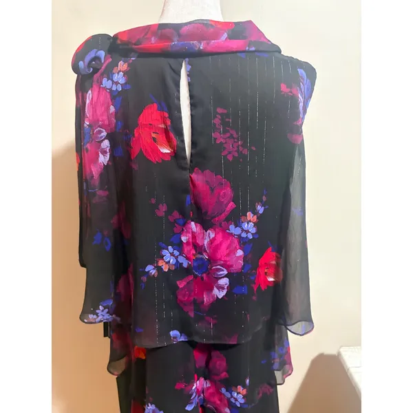 SLNY Tiered Chiffon Dress 16 Black Floral New Tie Cowl Neck Ruffle Shimmer - Image 10