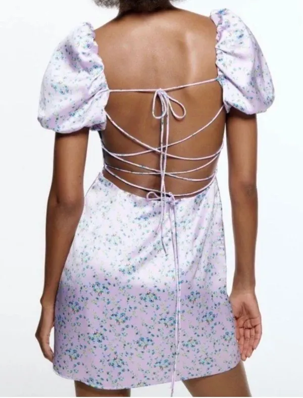 lilac floral satin puff sleeve mini dress - Image 2