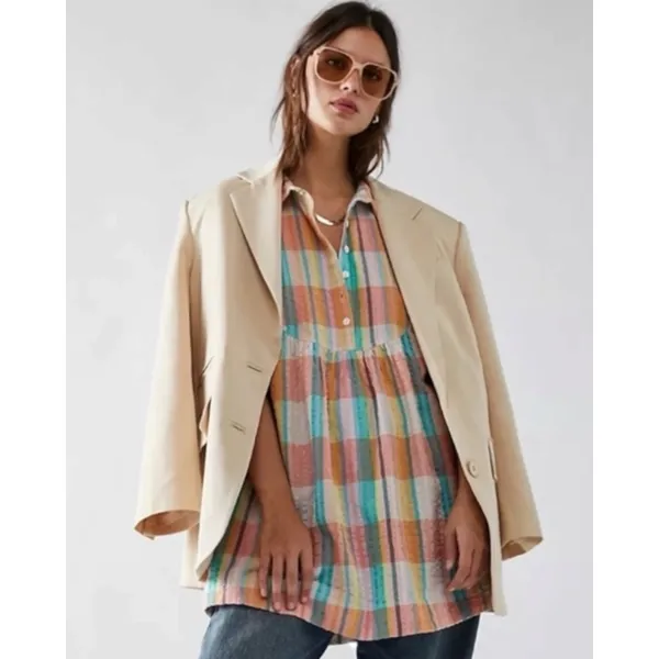 Free People Oversized Dreamers Madras Plaid Mini Dress Tunic Top Preppy Large - Image 4