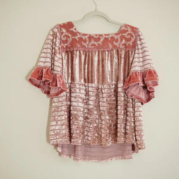 POL Size Small Pink Velvet Burnout Shirt Blouse Sequin Embroidered Ruffle Boho - Image 7