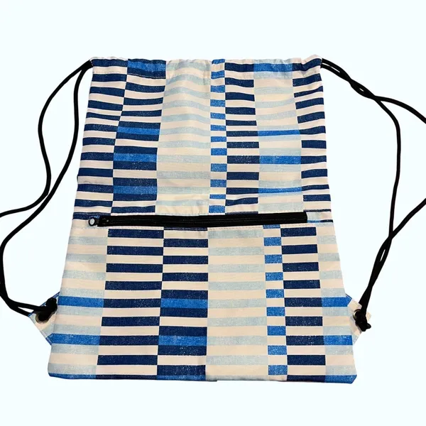 Scout Drawstring Backpack Unisex OS Blue White Geometric Stripe Cinch Bag Pocket - Image 3
