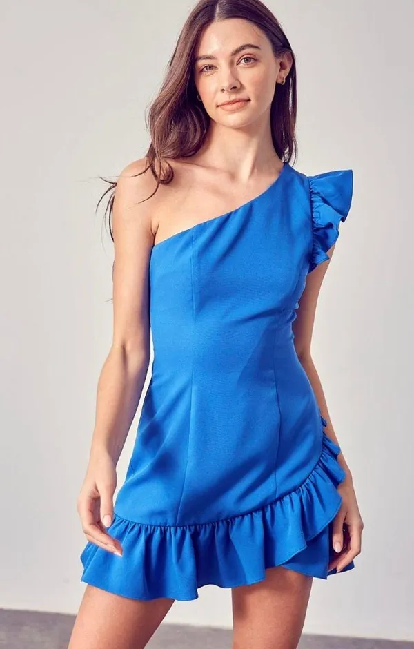 DO+BE One Shoulder Ruffle Blue Dress - Image 2