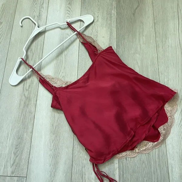 Vintage Silk Tank Top lace trim ruched vneck crop womens Red medium y2k feminine - Image 2