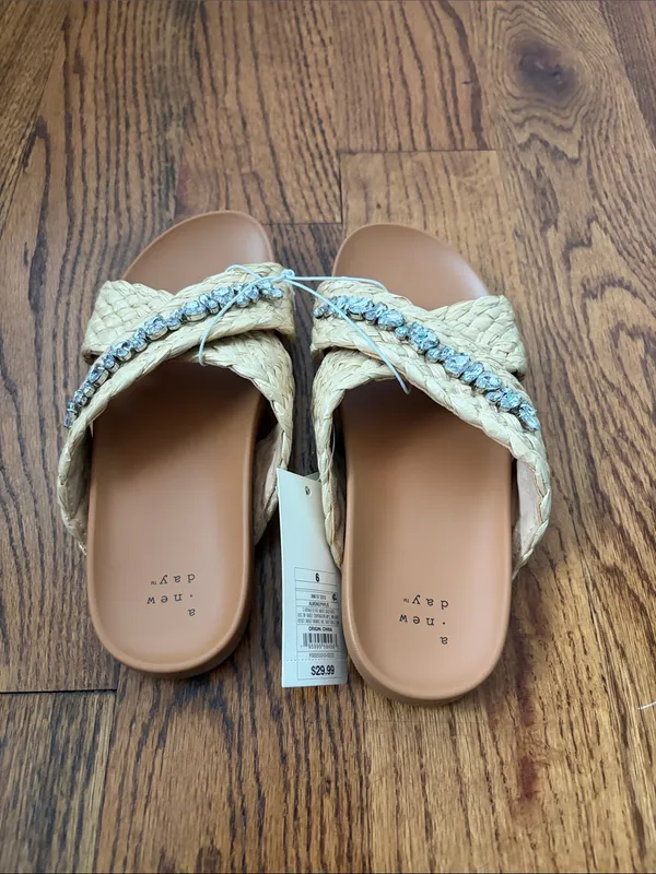 a new day Braided Crystal-Accent Slide Sandals in Natural Size 6 New - Image 4
