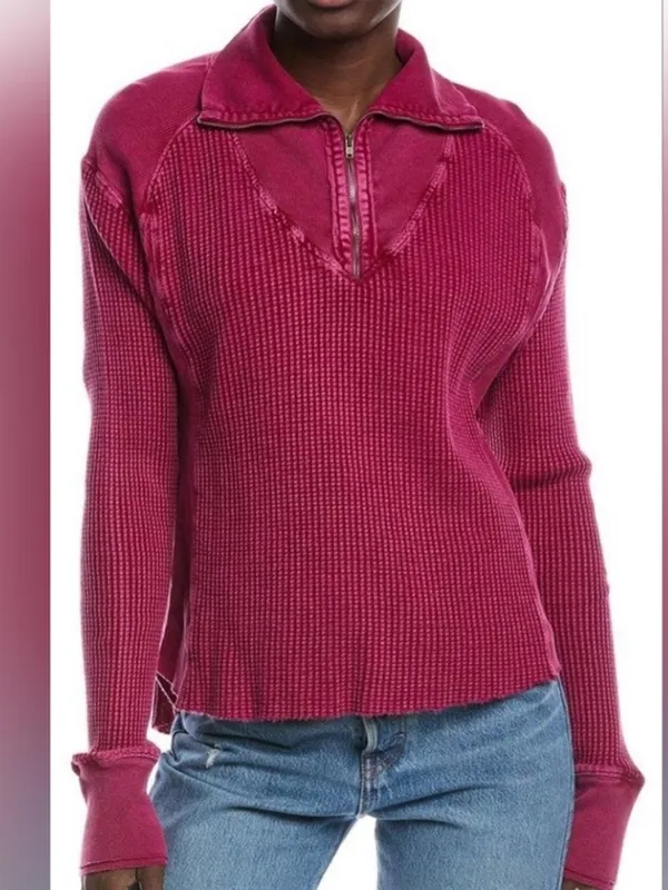 Free People Ashton Wine Half-Zip‎ Waffle Knit Pullover Size XL - Image 2