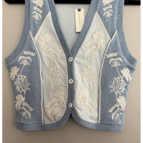 Anthropologie Embroidered Sweater Vest Blue Women's Size Small‎ - Image 5