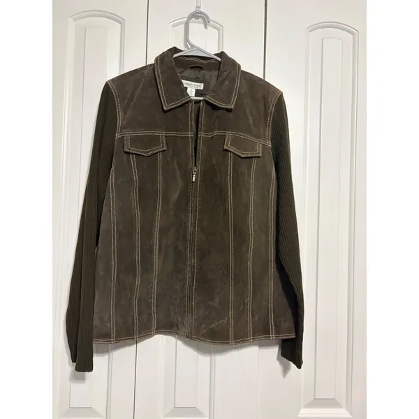 Coldwater Creek Jacket Mixed Media Suede Knit Brown Contrast Stitch Size 16 - Image 2