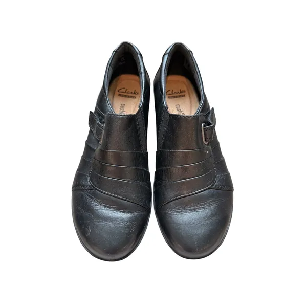 Clarks Cushion Soft Loafers Womens 6 Black Leather Slip On Wedge Comfort Shoes - Image 2