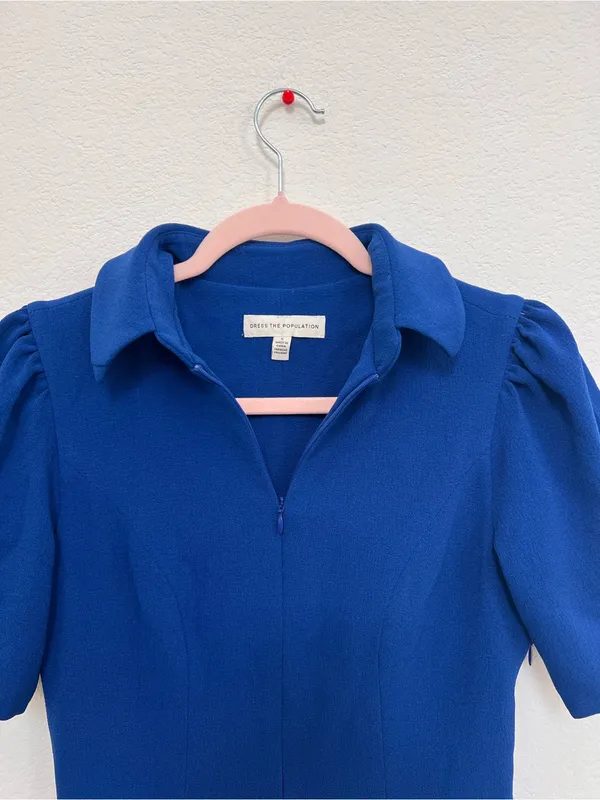 Dress the Population Gloria Blue Front Zip Pencil Sheath Dress Women's Small - Image 5