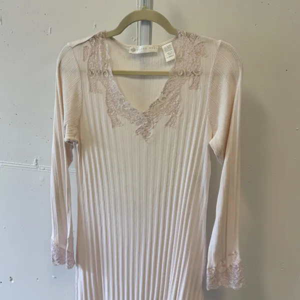 Eileen West Pink Lace Trim Ribbed Nightgown Long Sleeve Sleep Dress XS Vintage - Image 3