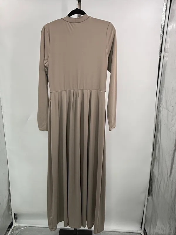 Halara SoftlyZero Maxi Dress M Taupe Mock Neck Pleated Long Sleeve - Image 2