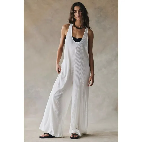 Free People Bohemian Zena One Piece Wide Leg Jumpsuit Clean Ivory Medium NWT - Image 6