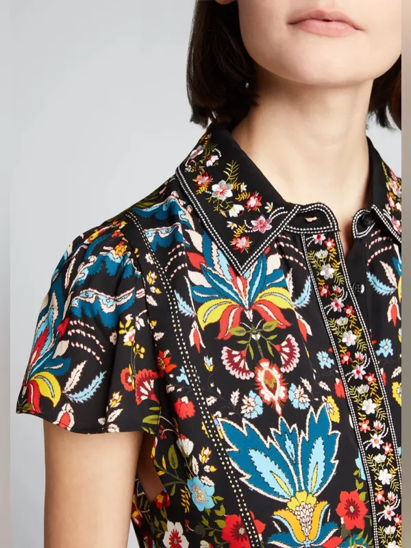 Alice + Olivia‎ Meeko Embroidered Tiered Floral Print Crepe Mini Shirt Dress 4 - Image 2