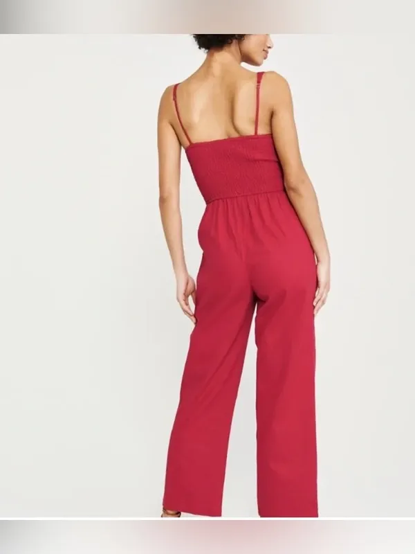 Abercrombie & Fitch Tie Front Red Jumpsuit Smocked Back Wide Leg - Image 8