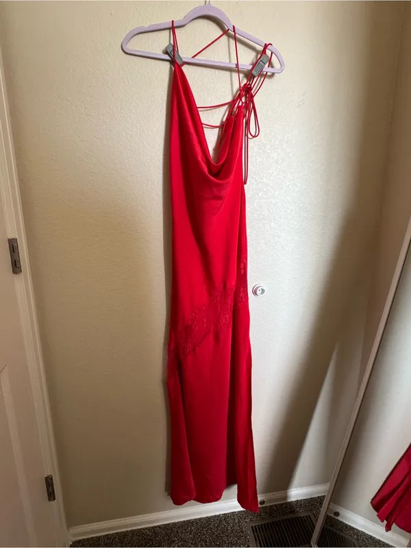 Meshki Chandra Lace Satin Maxi Red Dress Size Small‎ NEW romantic satin strappy - Image 4