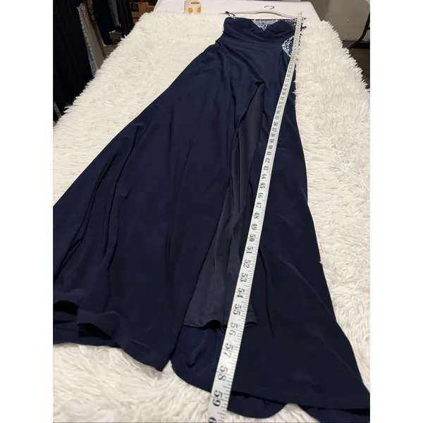 La Femme One Shoulder Sheer Rhinestone Formal Maxi Dress in Navy Blue Size 0 - Image 6
