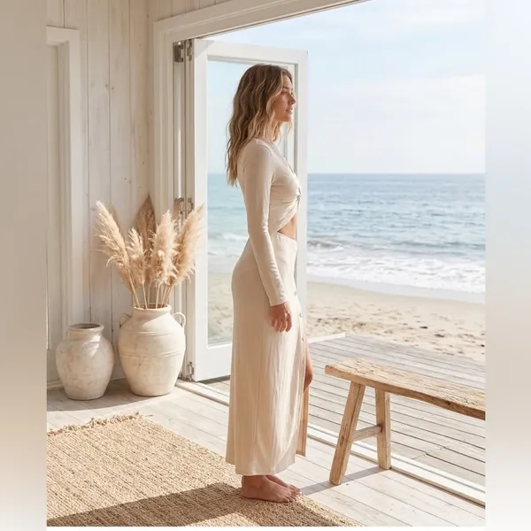 SHEIN Boho Coastal Cream Ribbed Knit Cut-Out Maxi Dress Twist Front Long Sleeve - Image 2