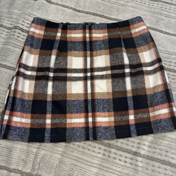 NWOT Plaid Mini Skirt Navy Brown Orange Tartan Lined Size M - Image 8