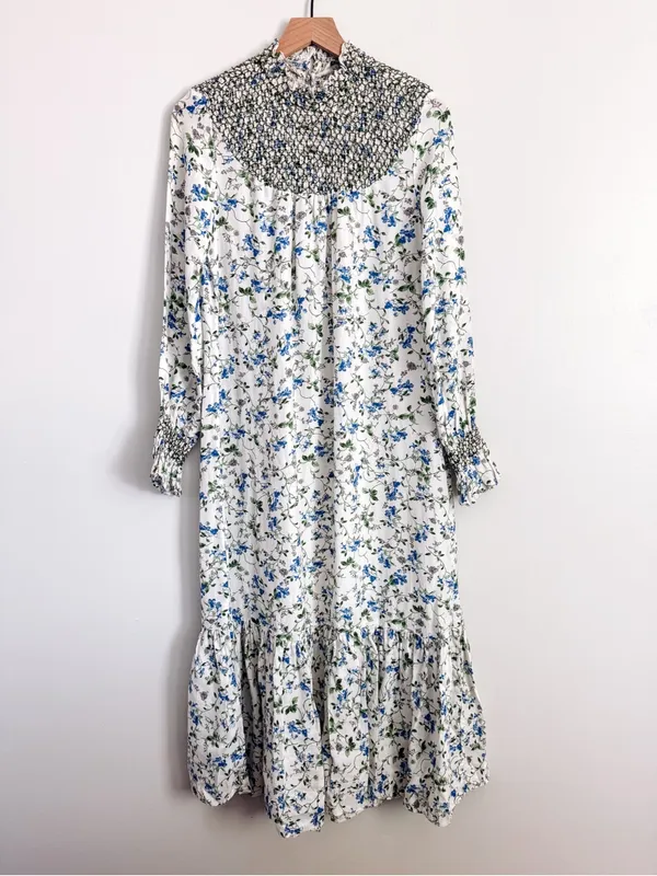 Zara White Blue Floral Smocked High Neck Maxi Dress Size S - Image 3