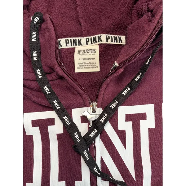 Victoria's Secret PINK Full Zip Hoodie Maroon Burgundy Snap Side Logo Small - Image 5