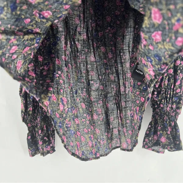 Free People Meant To Be Black Floral Print Full Mutton‎ Sleeve Peasant Blouse M - Image 6