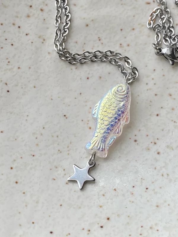 Handmade quality Czech glass fish & star boho funky fairy necklace🌀🐟💚 - Image 7