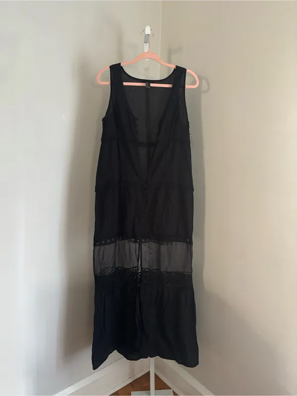 Crochet-Trim Tiered Black Maxi Dress Sheer Panel Boho Cottage Whimsigoth Sz Med - Image 2