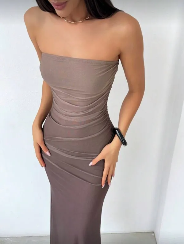 SheIn Brown Maxi Strapless Dress - Image 5