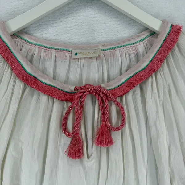 Ramy Brook Ivory Embroidered Tassel Tie‎ Neck Bell Sleeve Boho Blouse Medium - Image 7