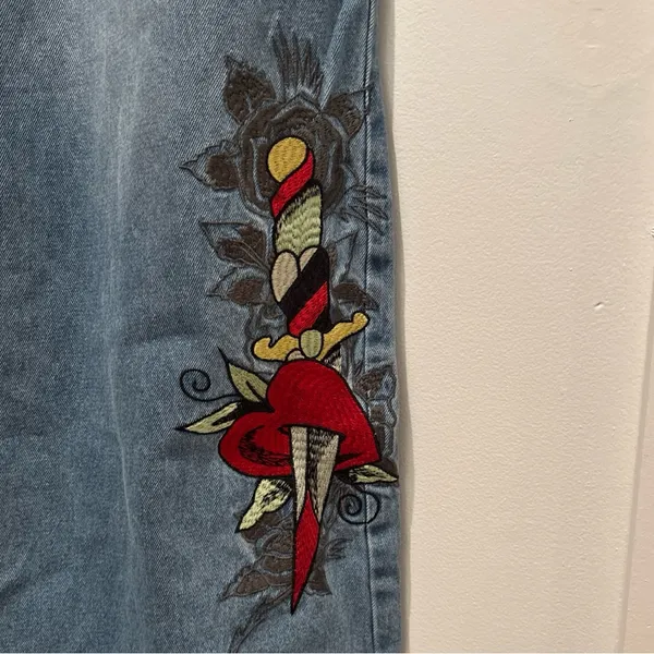 Ed Hardy Graphic Embroidered Heart Wide Leg Jeans - Image 3