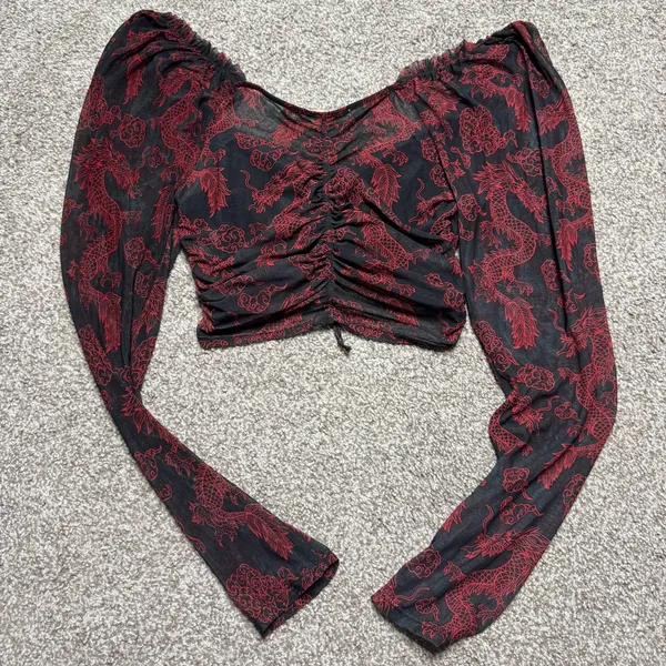 Liberty Love Dragon Print Ruched Long Sleeve Crop Top - Image 3