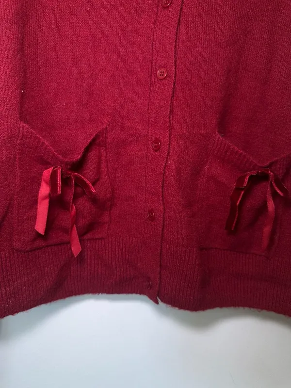 Hazel Moon Cardigan Size XL Red Button Front Bow Pockets Knit Sweater - Image 3