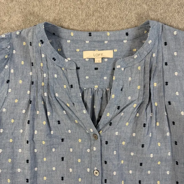 LOFT Women's Medium Blue Swiss Dot Chambray Button Front Dress Short Sleeve - Image 3