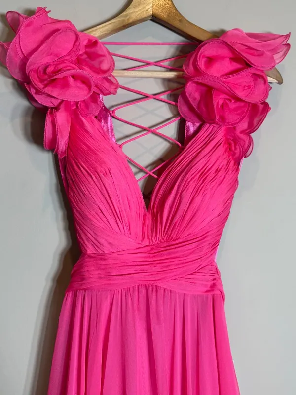 Mac Duggal Ruffle Tiered Cut-Out Chiffon Gown Womens 4 Hot Pink Formal 67911 NWT - Image 9