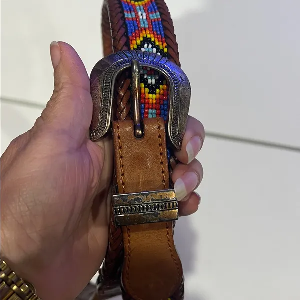 Vintage 1991 Brighton beaded western brown leather belt Aztec diamond pattern 30 - Image 3
