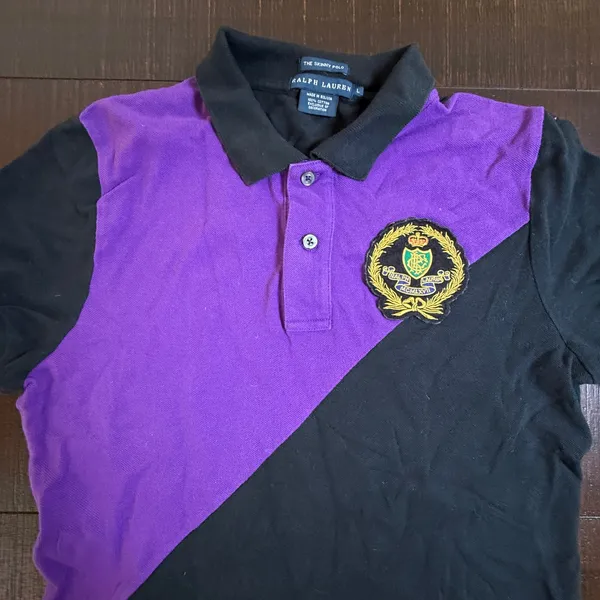 Ralph Lauren Skinny Polo Purple Black Colorblock Crest Shirt Womens L Vintage - Image 3