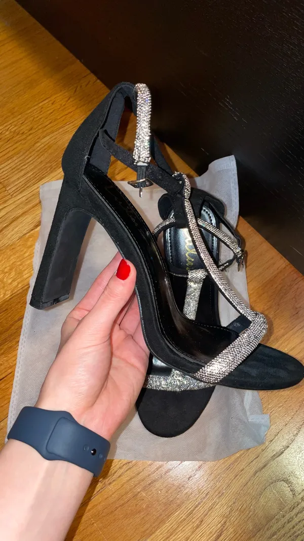 Lulus Addyna Black Suede Rhinestone T-Strap High Heels  - Image 4