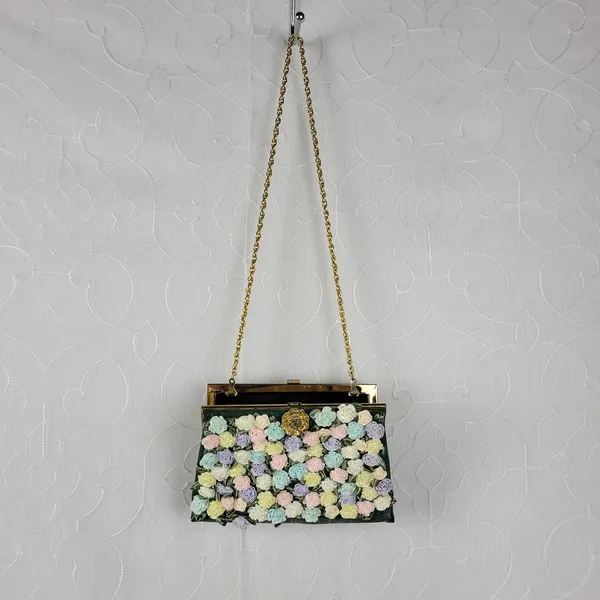 Andé Womens Clutch Bag Green Croc Embossed Pastel Floral Applique Gold Chain - Image 3