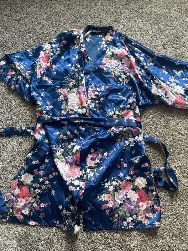 Floral Satin Kimono Robe - Navy Blue - Image 2